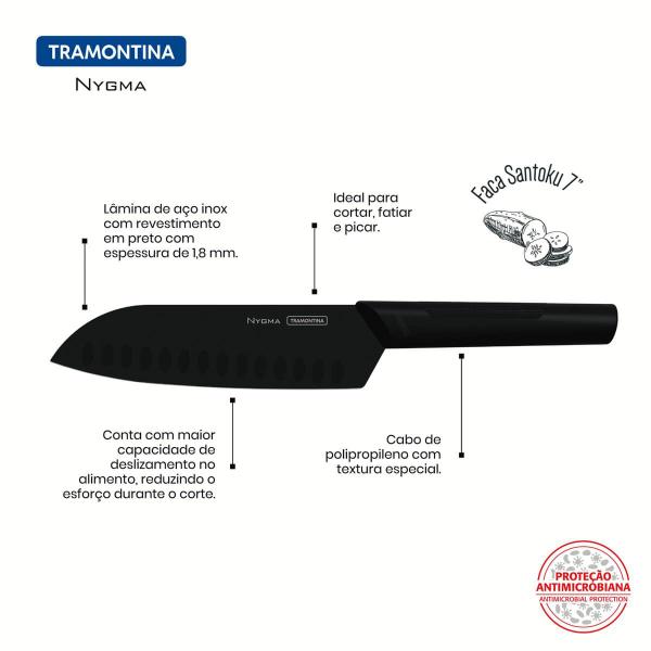 Imagem de Faca Santoku Tramontina Nygma 7' Inox Preta para Cortar Legumes Temperos Cabo Polipropileno