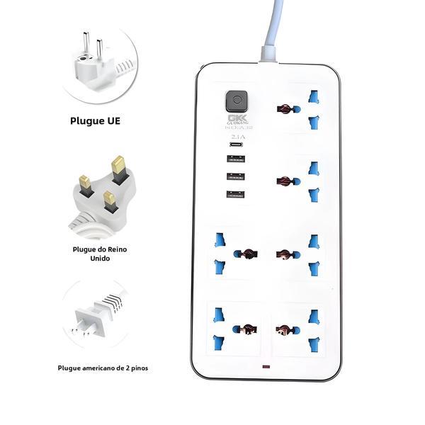 Imagem de Faixa de Alimentação Universal com Cabo de Extensão USB - Adaptador para Tomadas UE, EUA e Reino Unido