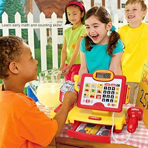 Imagem de Falando Caixa Registradora para Crianças 3 e Acima  Pretend Play Set vem com microfone de brinquedo, scanner de trabalho, dinheiro fictício, cartão de crédito falso, comida de brinquedo e balança de peso  25 Peças com Luzes e Sons