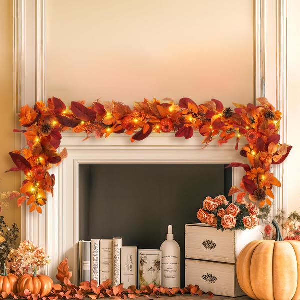 Imagem de Fall Garland Alupssuc de 6 pés com folhas iluminadas de abóbora e ácer