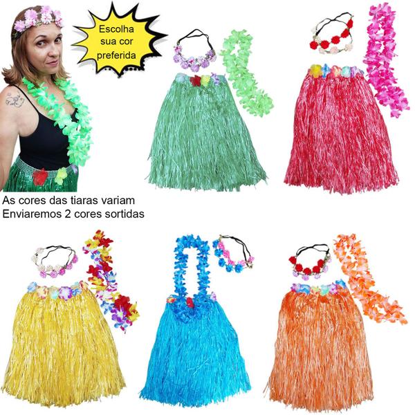 Imagem de Fantasia Adulto Havaiana Festa Temática Tropical Luau Carnaval Hawaiana: Saia + Colar + 2 Tiaras Flores Cores Sortidas