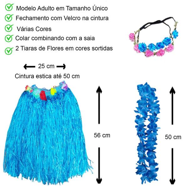 Imagem de Fantasia Adulto Havaiana Festa Temática Tropical Luau Carnaval Hawaiana: Saia + Colar + 2 Tiaras Flores Cores Sortidas