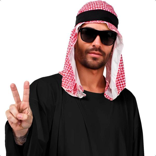 Imagem de Fantasia Arabe Masculina Tunica Branca de Sheik Mulcumano com Tunica Xadrez Vermelha pra Adulto