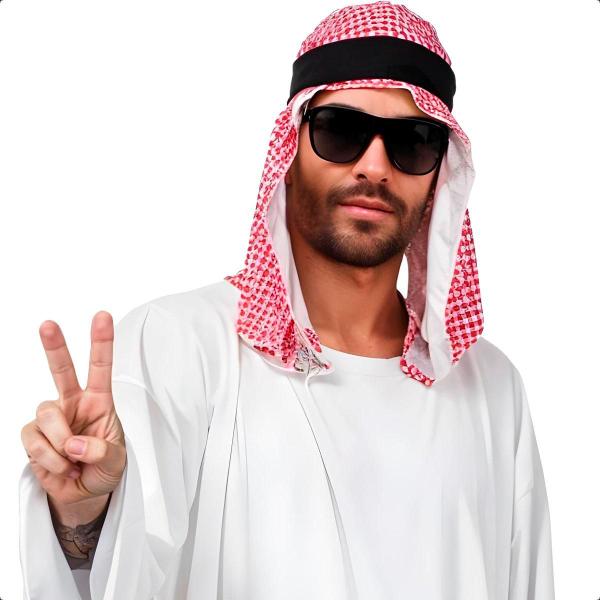 Imagem de Fantasia Arabe Masculina Tunica Branca de Sheik Mulcumano com Tunica Xadrez Vermelha pra Adulto