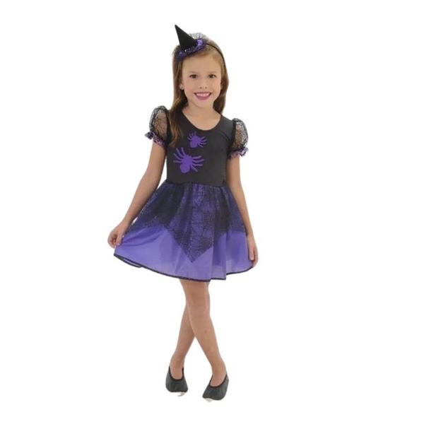 Imagem de Fantasia Bruxa Bruxinha Aranha Infantil Festas Halloween + Tiara Chapéu