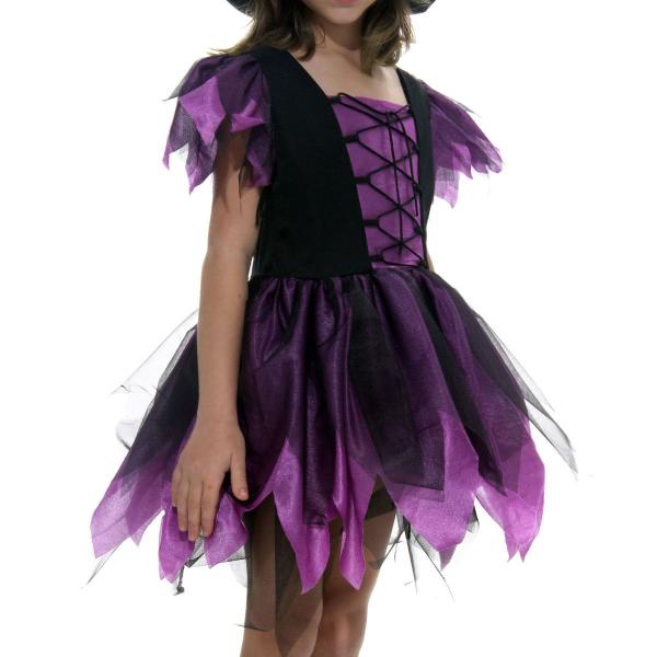 Fantasia Bruxa Encantada Roxa Luxo Vestido Infantil com Chapéu - Halloween - Diversos Imagem de Fantasia Bruxa Encantada Roxa Luxo Vestido Infantil com Chapéu - Halloween