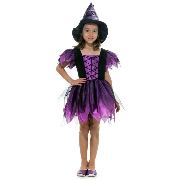 Fantasia Bruxa Encantada Roxa Luxo Vestido Infantil com Chapéu - Halloween - Diversos Imagem de Fantasia Bruxa Encantada Roxa Luxo Vestido Infantil com Chapéu - Halloween