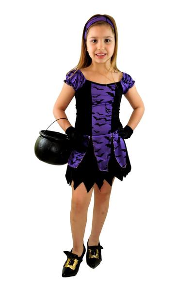 Imagem de Fantasia Bruxa Infantil, Vestido Halloween, Kit 2 Peças Roxo