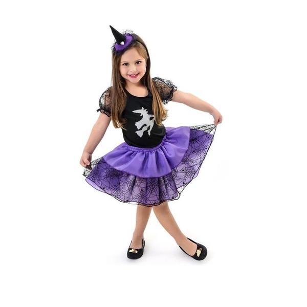 Imagem de Fantasia Bruxinha Bruxa Sabrina Infantil Festas Carnaval Halloween + Tiara Chapéu