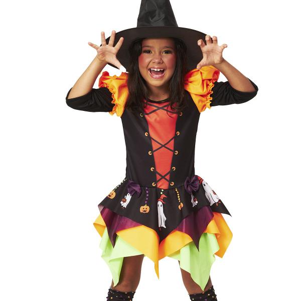 Imagem de Fantasia Bruxinha Infantil Vestido Halloween Bruxa C/ Meias