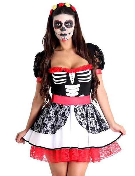 Imagem de Fantasia Caveira Mexicana Vestido Feminino Adulto com Tiara