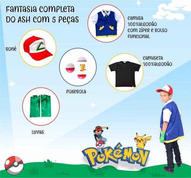 Imagem de Fantasia Completa do Ash, Treinador de POKÉMON - camisa azul, camiseta preta, boné, luvas e pokebola