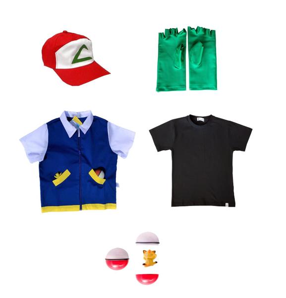 Imagem de Fantasia Completa do Ash, Treinador de POKÉMON - camisa azul, camiseta preta, boné, luvas e pokebola