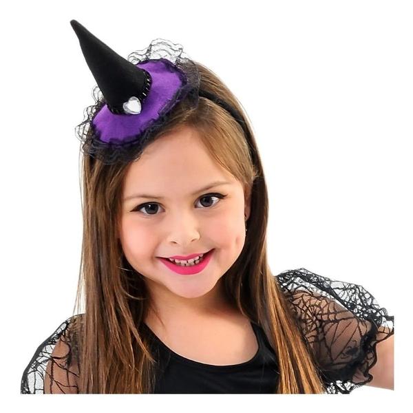 Imagem de Fantasia de Bruxa Preta e Roxa Halloween Bruxinha Sabrina Infantil Tiara Chapéu Anjo 119