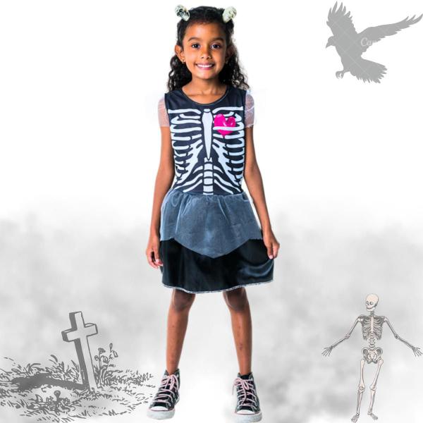 Imagem de Fantasia De Halloween Menina Infantil Caveira Com Acessório Tiara Feminina Criança Esqueleto Toymaster
