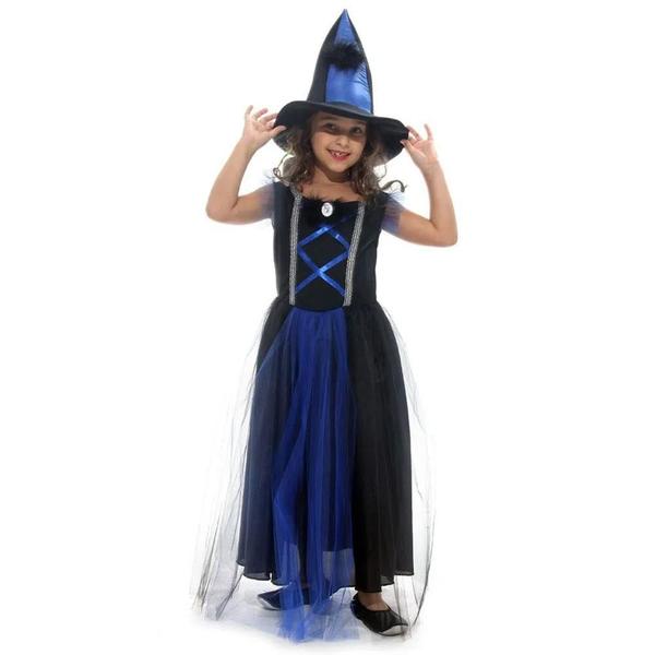 Imagem de Fantasia de Halloween Menina Vestido de Bruxinha Azul+Chapéu
