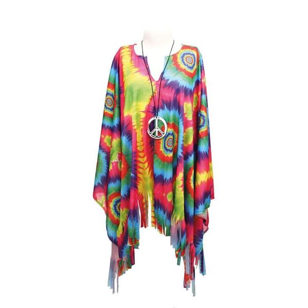 Imagem de Fantasia de Hippie com Poncho Tie Dye Colorido e Colar da Paz 2 Peças