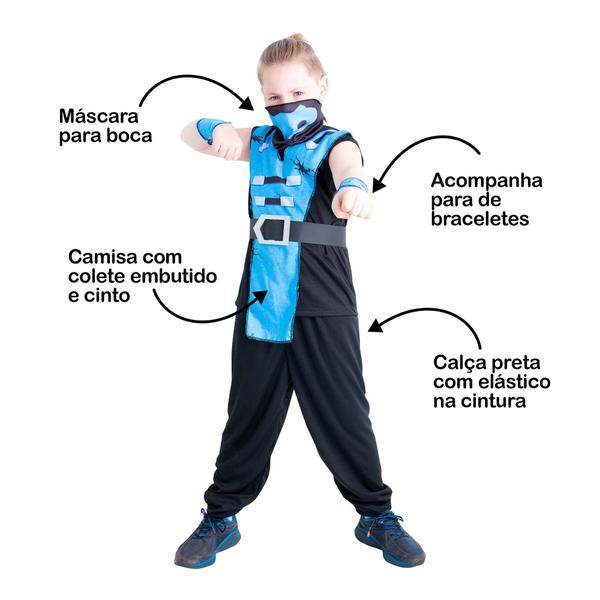 Imagem de Fantasia de Ninja Samurai Azul Infantil Masculino Com Máscara