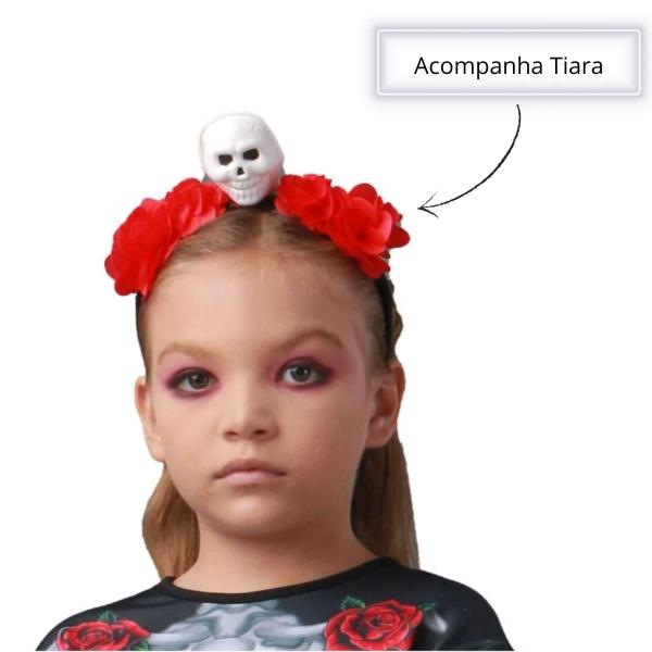 Imagem de Fantasia Esqueletinha Halloween Infantil Caveira Mexicana Com Coroa de Rosas