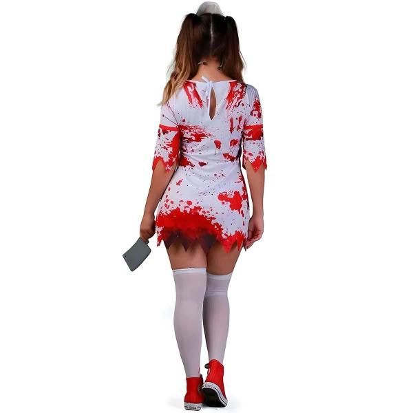 Imagem de Fantasia Feminina Halloween Adulta Enfermeira Medica Zumbi Vestido Curto Sangue e Tiara