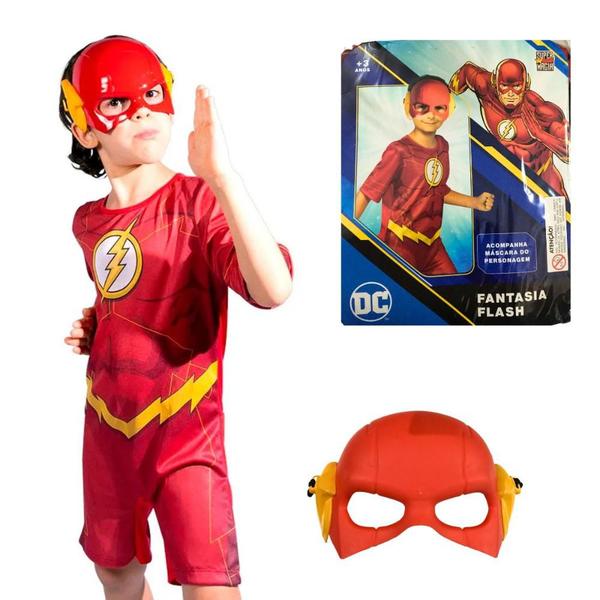 Imagem de Fantasia Flash Infantil Roupa Super Herói de Criança Curta Com Máscara