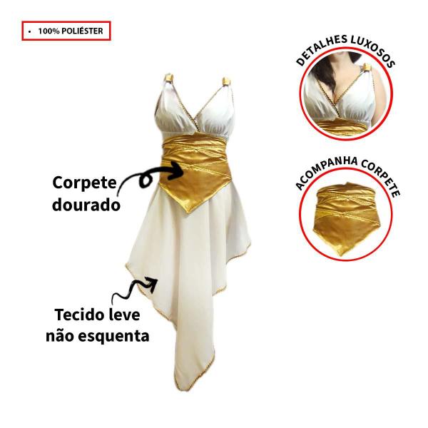 Imagem de Fantasia Grega Feminina de Alta Costura Vestido Adulto Branco Com Corpete Dourado