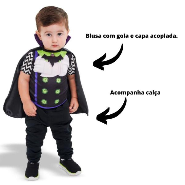 Imagem de Fantasia Halloween Bebe Menino Roupa Vampiro Com Capa e Jabo