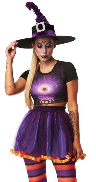 Imagem de Fantasia Halloween Bruxa Feminina Lilás Cropped c/ Saia Roxa