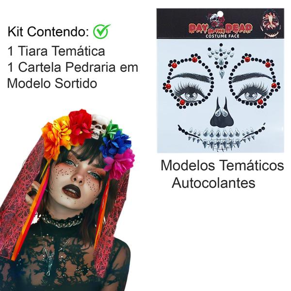 Imagem de Fantasia Halloween Caveira Mexicana Acessórios: Tiara de Cabelo + Tatuagem de Rosto