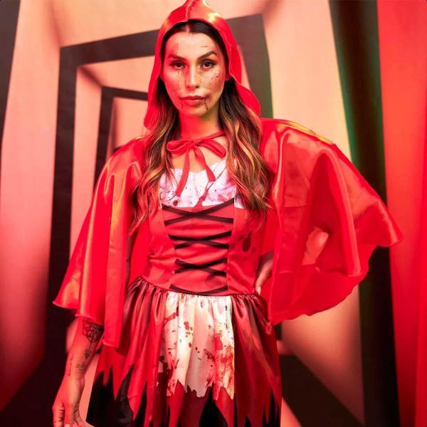 Imagem de Fantasia Halloween Feminina Chapeuzinho Vermelho Adulta Zumbi Sangrenta Com Capuz