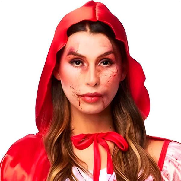 Imagem de Fantasia Halloween Feminina Chapeuzinho Vermelho Adulta Zumbi Sangrenta Com Capuz