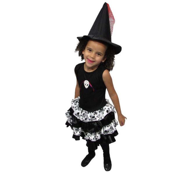 Imagem de Fantasia Halloween Feminina Infantil Bruxinha Vestido de Bruxa Feiticeira Carnaval