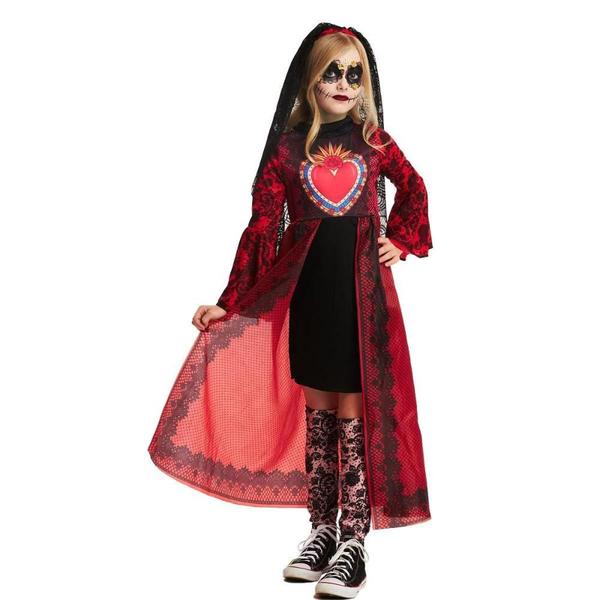 Imagem de Fantasia Halloween Infantil Feminina Caveira Mexicana Com Veu Negro