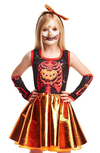 Imagem de Fantasia Halloween Menina Esqueleta Abóbora Vestido c/ Luvas