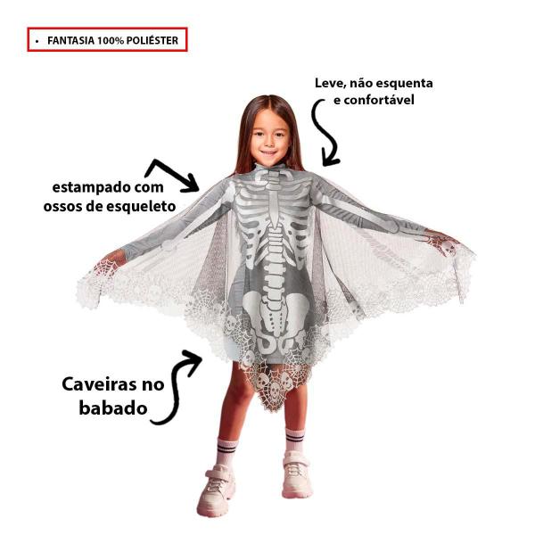 Fantasia Halloween Poncho Skull Silver Infantil Dia Das Bruxas - Fantasias Carol FSP Imagem de Fantasia Halloween Poncho Skull Silver Infantil Dia Das Bruxas