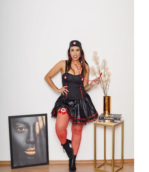 Imagem de Fantasia Halloween Vestido Enfermeira Preta Adulto Feminina Carnaval Zumbi Terror