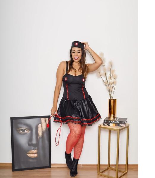 Imagem de Fantasia Halloween Vestido Enfermeira Preta Adulto Feminina Carnaval Zumbi Terror