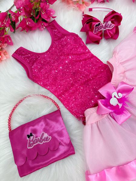 Imagem de Fantasia Infantil Barbie Pink Body Saia Rosa Com Broche Luxo