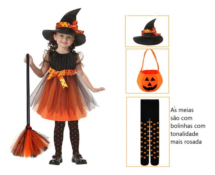 Imagem de Fantasia Infantil Bebê Bruxa Laranja Vestido Luxo Halloween