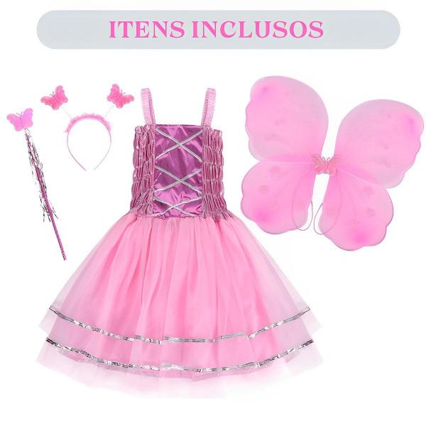 Imagem de Fantasia Infantil Feminina C/ Varinha Tiara Borboleta Fada Fadinha Vestido Menina Kit 4pçs Festa Criança Princesa