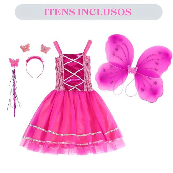 Imagem de Fantasia Infantil Feminina C/ Varinha Tiara Borboleta Fada Fadinha Vestido Menina Kit 4pçs Festa Criança Princesa