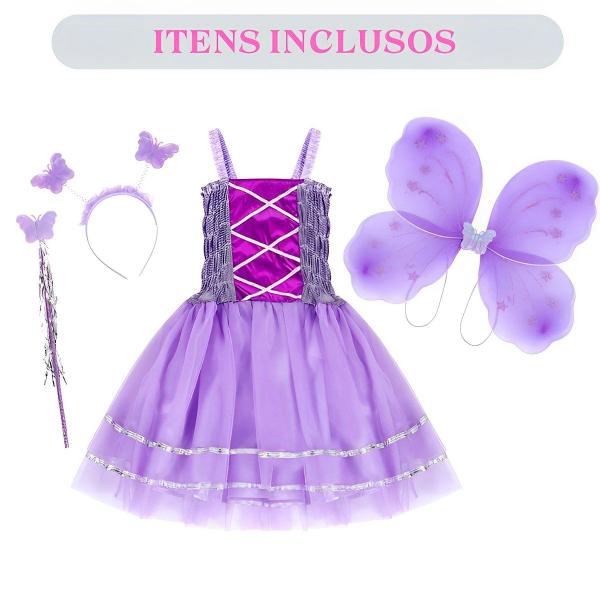 Imagem de Fantasia Infantil Feminina C/ Varinha Tiara Borboleta Fada Fadinha Vestido Menina Kit 4pçs Festa Criança Princesa