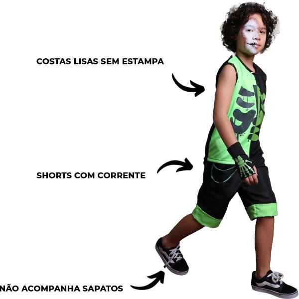 Imagem de Fantasia Infantil Halloween pra Menino Estiloso Roupa Caveira Verde e Preta Curta de Luxo Com Luvas Meio Dedo