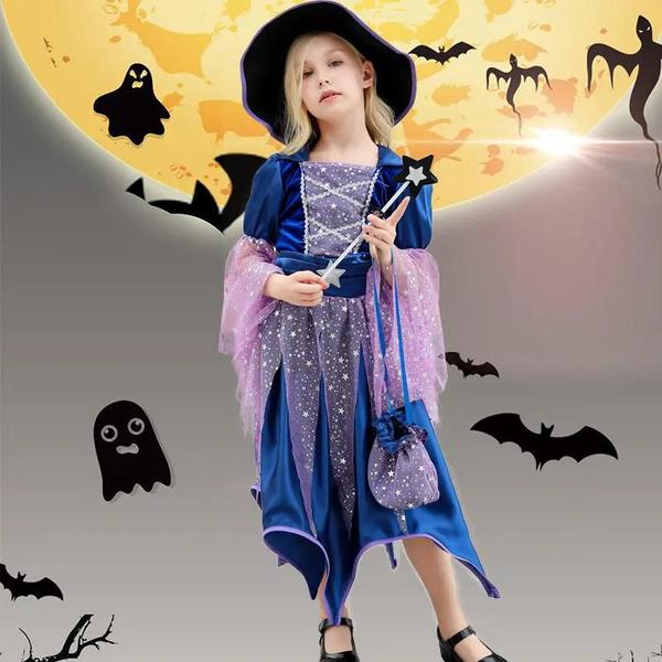 Imagem de Fantasia Infantil Juvenil Halloween De Bruxa Com Bolsa Chapéu e Vara