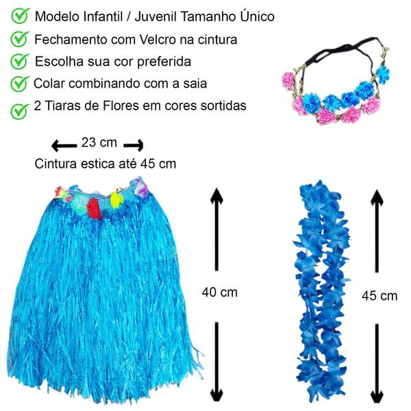 Imagem de Fantasia Infantil Juvenil Havaiana Festa Carnaval Hawaiana: Saia + Colar + 2 Tiara Flores Cor Sortidas