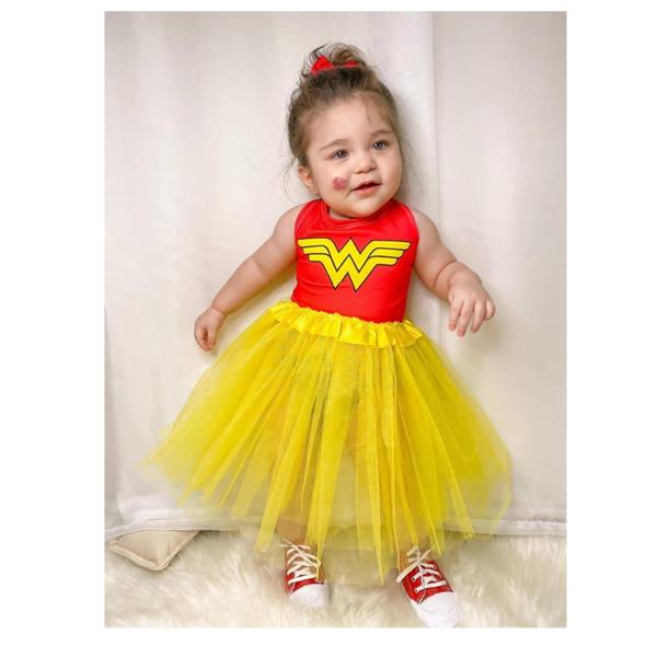 Imagem de Fantasia Infantil mulher maravilha linda body e saia de tule do 2 ao 8 anos a pronta entrega