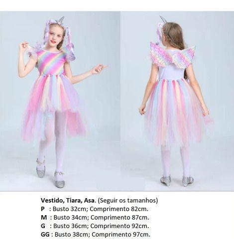 Fantasia Infantil Unicórnio Vestido Luxo Tiara Asas Colorido