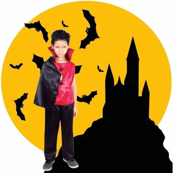 Imagem de Fantasia Infantil Vampiro Drácula Com Calça Camiseta e Capa Halloween Dia Das Bruxas - Tamanhos P M G - 2 a 9 Anos