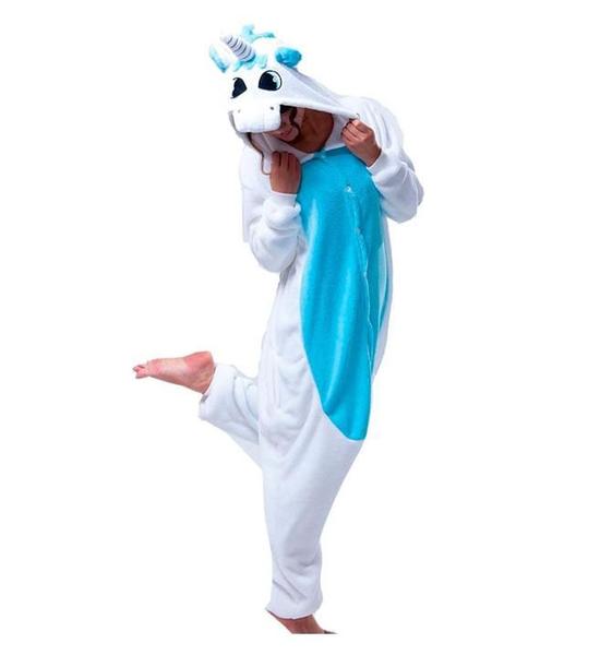 Imagem de Fantasia Macacão de Unicórnio Kigurumi Adulto Branco e Azul Com Gorro