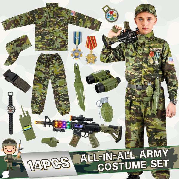 Imagem de Fantasia Metemot Kids Army para meninos com brinquedos militares de Halloween